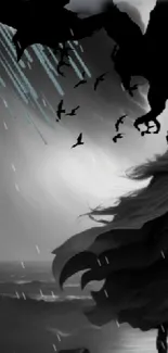 Epic grayscale wallpaper of a figure against a dramatic stormy sky with flying creatures.