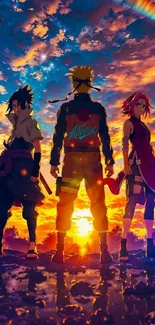 Epic anime wallpaper with sunset background featuring three characters.