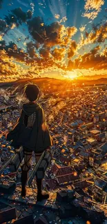 Silhouette overlooking colorful sunset cityscape in anime style.