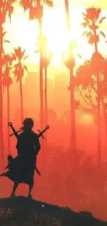 Silhouette of a warrior at sunset with palm trees in the background.