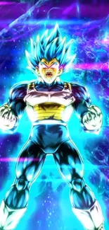 Epic Super Saiyan character with blue aura and vibrant energy on mobile wallpaper.