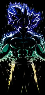 Super Saiyan artwork with vibrant neon aura on black background.