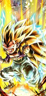 Super Saiyan character in vibrant battle art with bright colors.