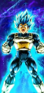 Super Saiyan character shouting with blue aura background.