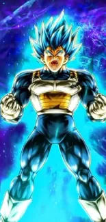 Super Saiyan Blue character with vibrant aura wallpaper.