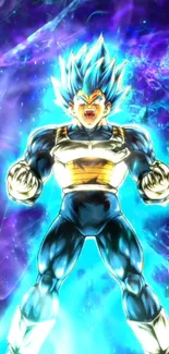 Super Saiyan Blue with vibrant energy aura in anime style wallpaper.