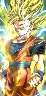 Super Saiyan hero with golden aura and blue lightning.