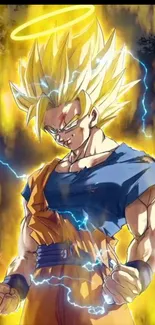 Dynamic Super Saiyan with glowing aura and lightning effects.