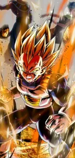 Super Saiyan character in epic battle scene wallpaper.