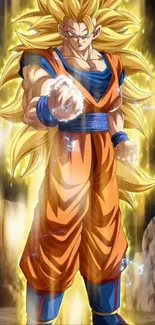 Super Saiyan with golden aura and iconic pose.