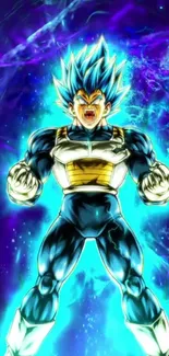 Epic Super Saiyan anime character with electric blue aura and powerful energy.