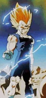 Super Saiyan anime character with electric aura on landscape.