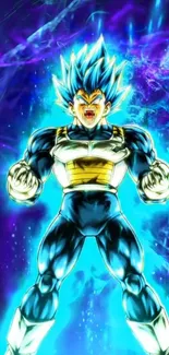 Super Saiyan character with energy aura in blue themed wallpaper.