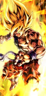 Powerful Super Saiyan in action with intense golden aura.