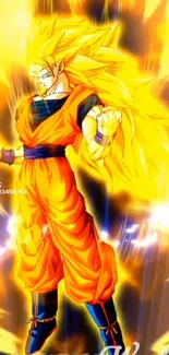 Super Saiyan character with fiery aura in orange background.