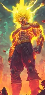 Epic anime superhero with glowing energy in a vibrant scene.