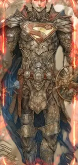 Superhero in detailed armor with glowing accents, set in fantasy style.