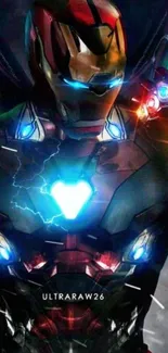 Superhero in high-tech armor with vibrant lighting.