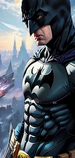 Dark knight stands in a futuristic cityscape, with a vibrant superhero theme.