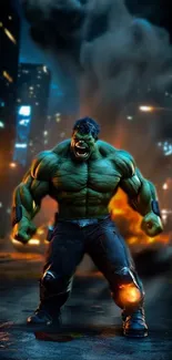 Superhero with muscular build stands in city at night with glowing lights.