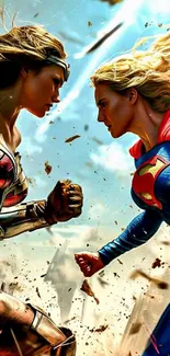 Two female superheroes facing off mid-battle.