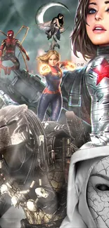 Epic collage of superheroes in action on a mobile wallpaper.