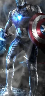 Superhero holding shield and hammer with a glowing blue effect.