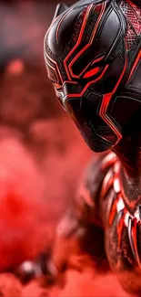 Superhero in a red and black armor with intense colors.