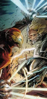 Dynamic superhero combat scene with powerful clash.