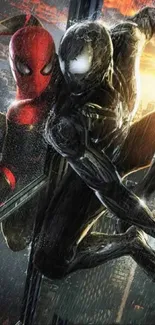 Superhero duo against a city backdrop, capturing intense action in vivid colors.