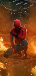 Superhero kneeling amid flames in dynamic action scene.