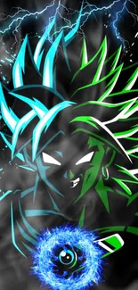 Neon superhero wallpaper with blue and green accents on a dark smoky background.