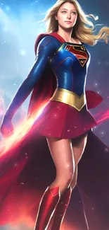 Dynamic superhero heroine in red and blue costume with glowing background.