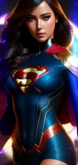 Heroic female superhero with vibrant colors and flowing cape as mobile wallpaper.