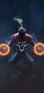 Superhero with power aura and glowing energy rings on a dark background.