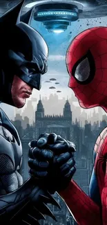 Epic superhero duel with city backdrop