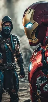 Two iconic superheroes face off in an epic scene.