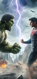 Superhero characters face off in a dramatic cityscape battle scene.