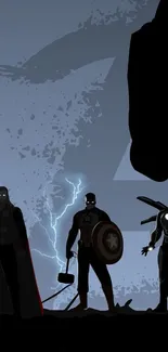 Silhouetted superheroes with lightning backdrop on dark mobile wallpaper.