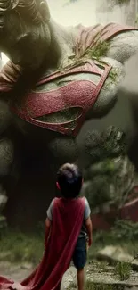 Child meets giant superhero statue in a lush, enchanting forest.