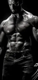 Muscular superhero posing with claws and intense energy on a dark background.