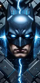Superhero face with tech and lightning effects.
