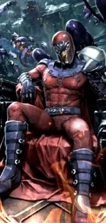 A superhero in red armor sits on a metallic throne in a dynamic, futuristic setting.