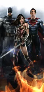 Epic superhero trio in action pose on a mobile wallpaper.