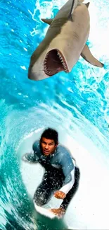 Surfer beneath a shark in blue ocean adventure wallpaper