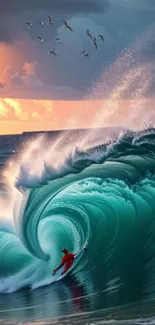 Surfer riding a teal wave at sunset with birds overhead.