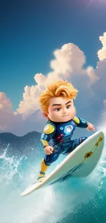 Cartoon surfer rides vibrant ocean wave under sunny sky.