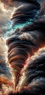 Intricate swirling cloud vortex with vibrant colors across dark sky.