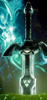 Epic sword with mystical glow and green base.