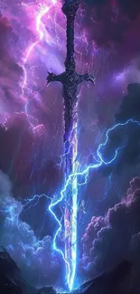 Epic sword with lightning in stormy sky.